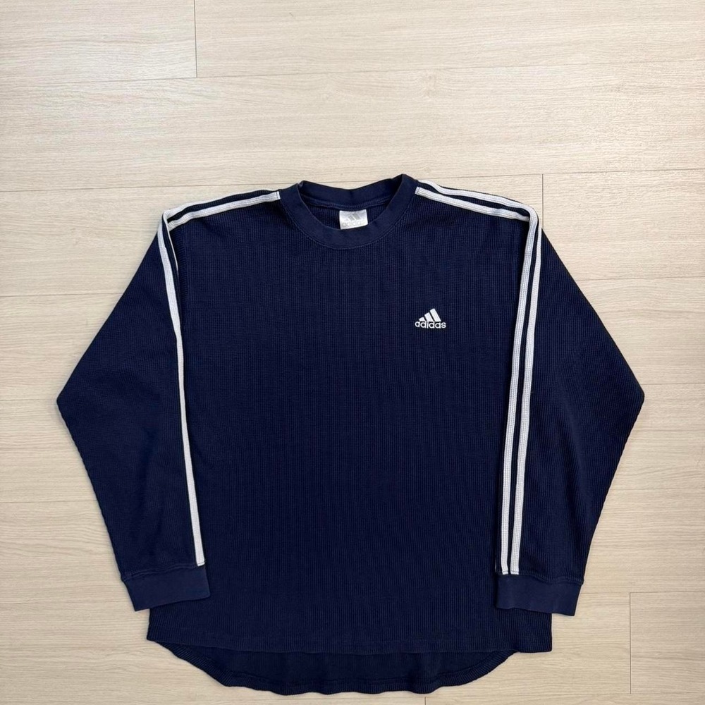 Y2K Adidas Dark Navy Three Stripes Long Sleeve Thermal Shirt Men's Size XL